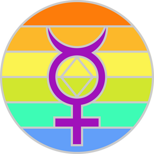 A circle bearing six colored stripes and the Mercury sign with the alterhumanity diamond inside it.
